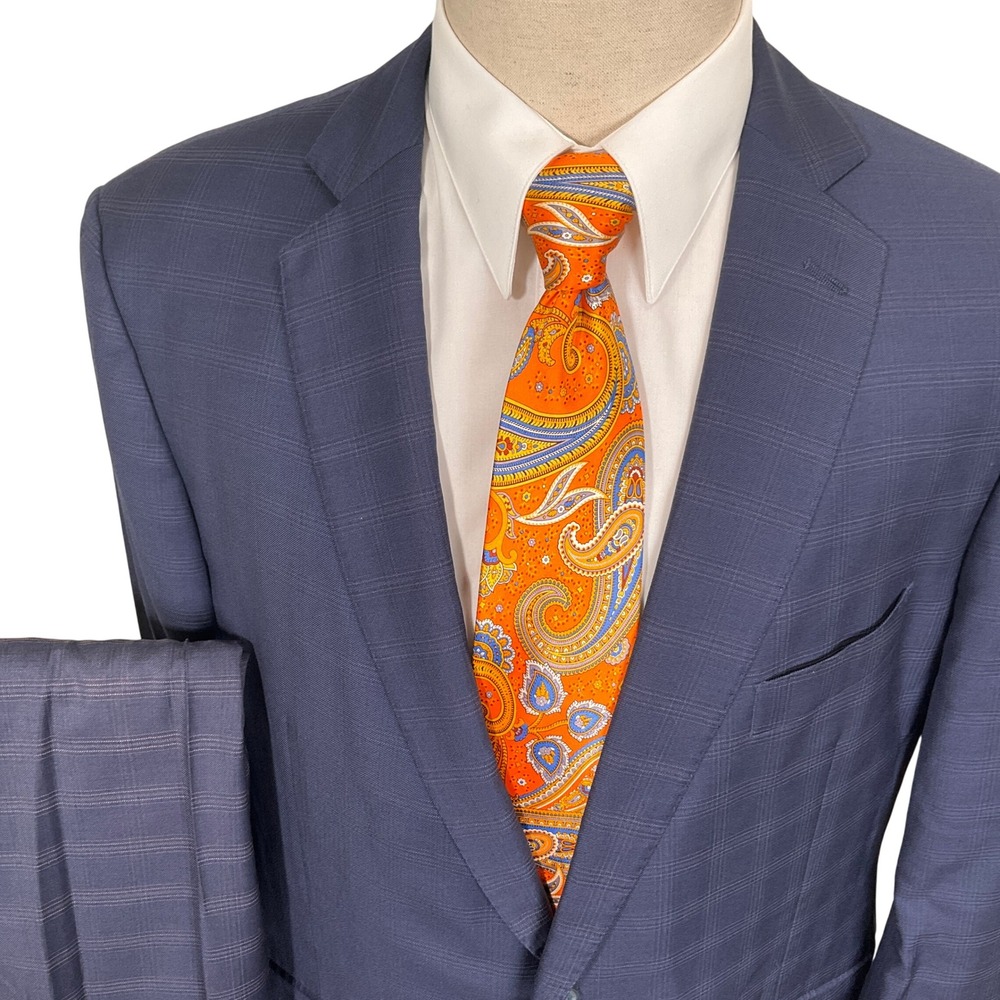 J. Hilburn Suit Mens 45R 38W Navy Blue Glen Plaid Bespoke Tailored‎ Fit Wool